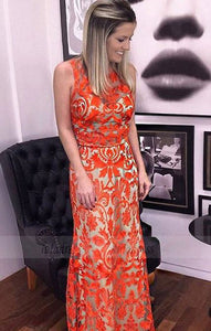 Jewel Lace Floor-length Sleeveless Orange Prom Dress,BD98217