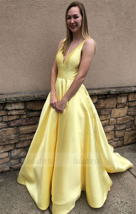 yellow long prom dress, ball gown, simply princess v neck yellow long prom dress graduation dress,BD98041
