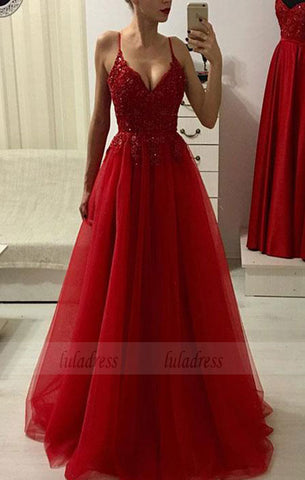 Red v neck lace tulle long prom dress, red evening dress,BD98203
