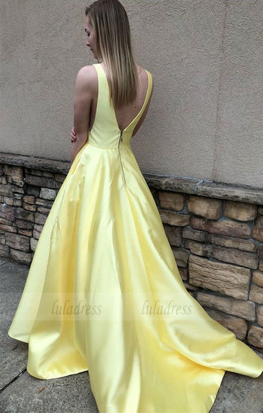 yellow long prom dress, ball gown, simply princess v neck yellow long prom dress graduation dress,BD98041