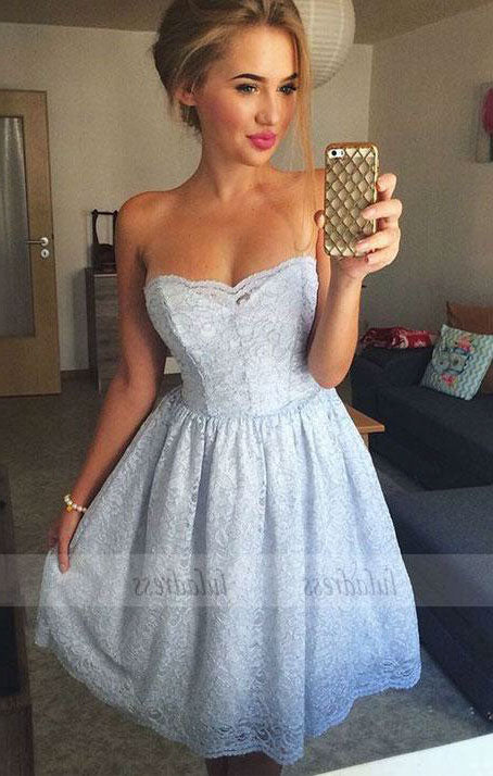 A-Line Strapless Above-Knee Lace Homecoming Dress