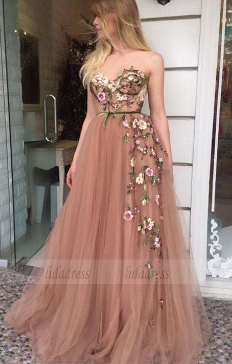 cute sweatheart a line tulle long prom dresses with flower , blush bal – luladress