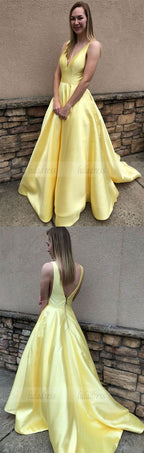 yellow long prom dress, ball gown, simply princess v neck yellow long prom dress graduation dress