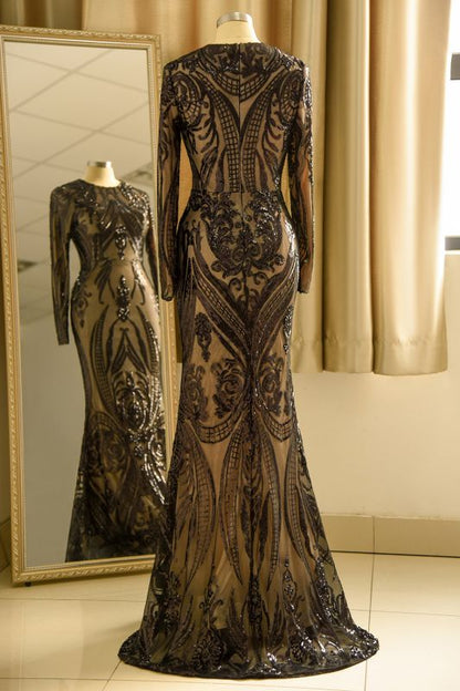 Elegant Jewel Sequined Mermaid Prom Dress Long Sleeves Appliques Party Dress