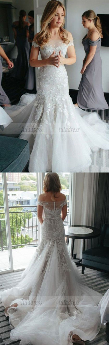 Lace and Tulle Wedding Dresses, Sexy Wedding Dresses, Tulle Wedding Dress with Appliques