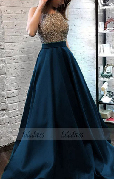 Sparkly Beaded Halter Long Satin Evening Gowns Open Back Prom Dresses,BD99431