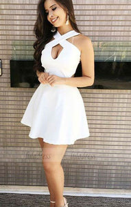 A-Line Cross Neck Open Back Short White Homecoming Dress with Keyhole,BD99495