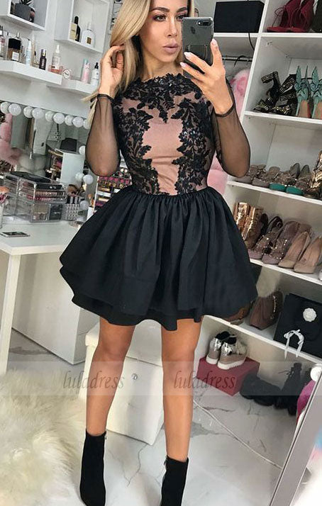 A-Line Crew Long Sleeves Short Black Tiered Homecoming Dress with Appliques