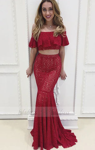 Two Piece Off-the-Shoulder Floor-Length Red Lace Prom Dress with Ruffles,BD99560