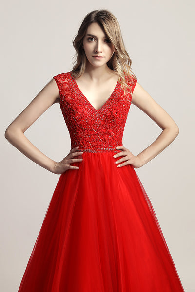 Red V-neck Beaded Long Formal A-line Prom Dress, LX426
