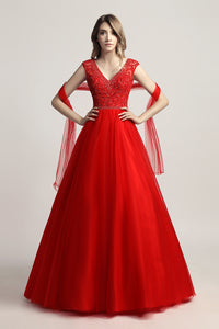 Red V-neck Beaded Long Formal A-line Prom Dress, LX426