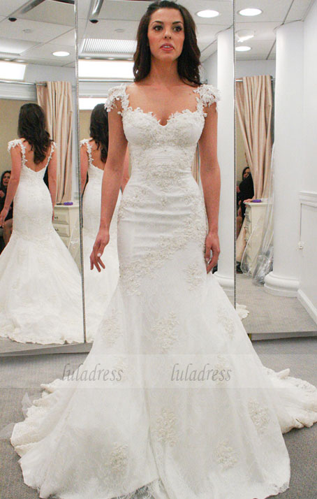 Lace Appliques Sweetheart Cap Sleeves Floor Length Mermaid Wedding Dress Featuring Low Back and Train