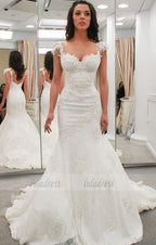 Lace Appliques Sweetheart Cap Sleeves Floor Length Mermaid Wedding Dress Featuring Low Back and Train