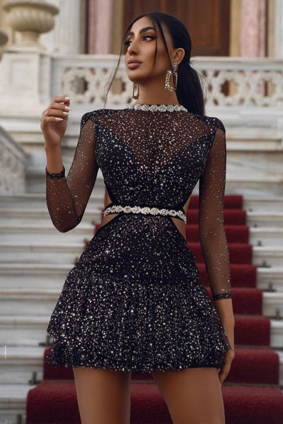 Chic Long Sleeves Black Crystal Sequins Mini Prom Dresses,PD21046