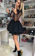 A-Line Crew Long Sleeves Short Black Tiered Homecoming Dress with Appliques