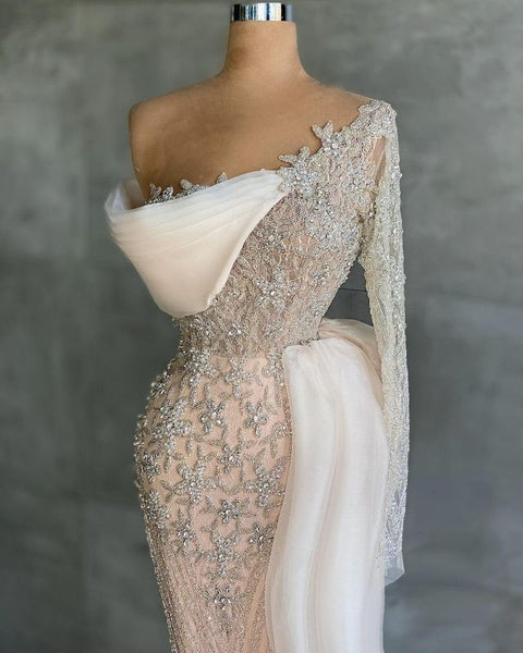 Luxury Tulle One Shoulder Beading Zipper Mermaid Evening Dresses,BD93025