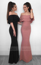 mermaid prom dresses, elegant off the shoulder tiered evening gown