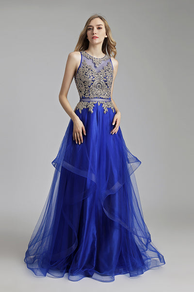 Chic Lace Appliques A-line Long Prom Dress, LX490
