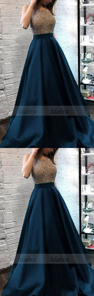 Sparkly Beaded Halter Long Satin Evening Gowns Open Back Prom Dresses,BD99431