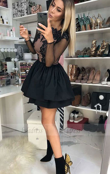 A-Line Crew Long Sleeves Short Black Tiered Homecoming Dress with Appliques,BD99496