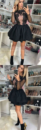 A-Line Crew Long Sleeves Short Black Tiered Homecoming Dress with Appliques