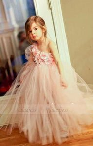New fashion Cute Pink one shoulder ball gown flower girl dress puffy tulle tiered party dresses for girls,BD99738