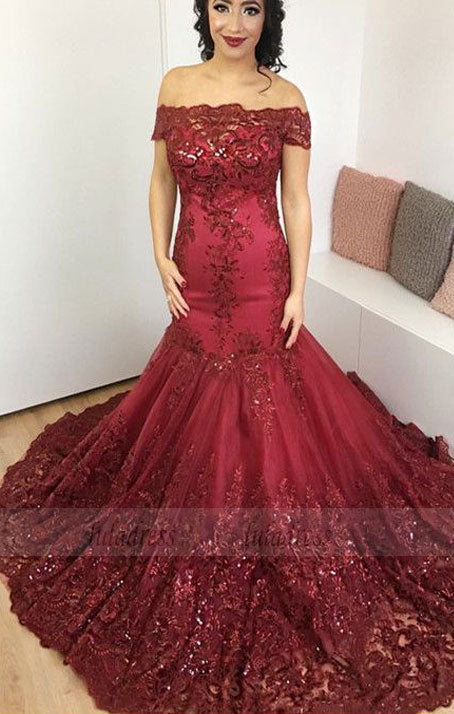 Burgundy Lace off-the-shoulder Evening Dresses Mermaid Prom Gowns