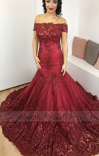 Burgundy Lace off-the-shoulder Evening Dresses Mermaid Prom Gowns,BD98148