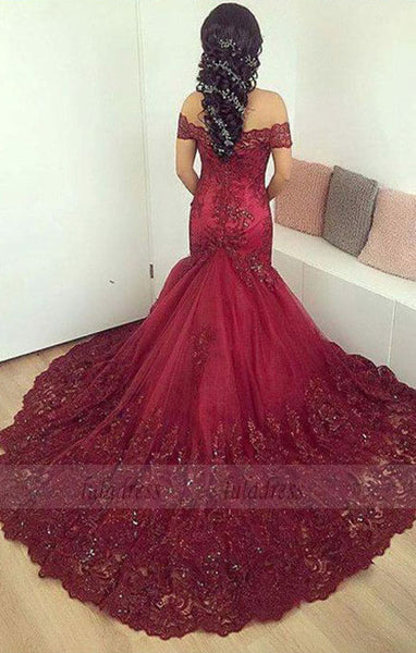 Burgundy Lace off-the-shoulder Evening Dresses Mermaid Prom Gowns,BD98148