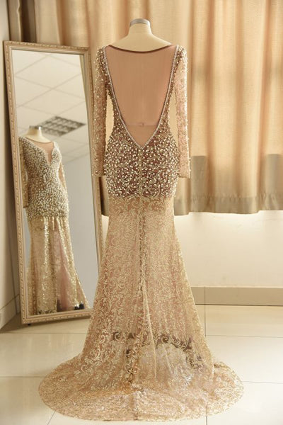 Jewel Lace Front Slit Prom Dresses | Long Sleeves Appliques Formal Dress with Pearls,PD21079