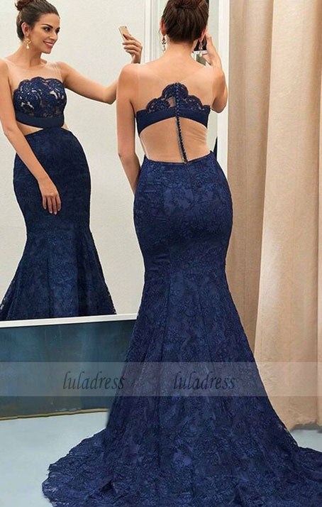 Mermaid Round Neck Sweep Train Navy Blue Lace Prom Dress