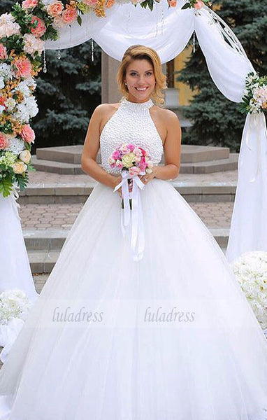 Halter Beaded Ball Gown Floor-Length White Wedding Dress Featuring Keyhole Back,BD99613