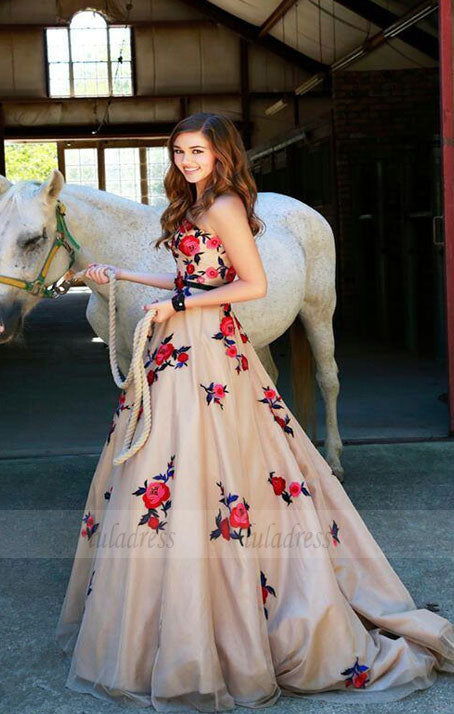 Gorgeous Strapless A-line Long Floral Prom Dress