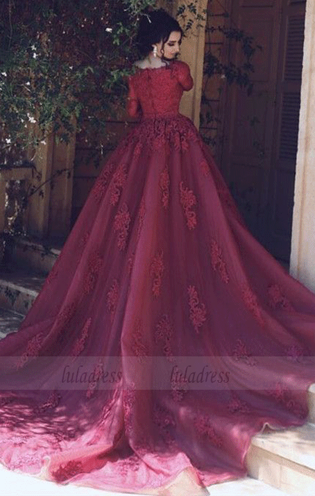 Burgundy Prom Dresses Lace Appliques,Tulle Evening Gowns With Sleeves,Elegant Formal Dress