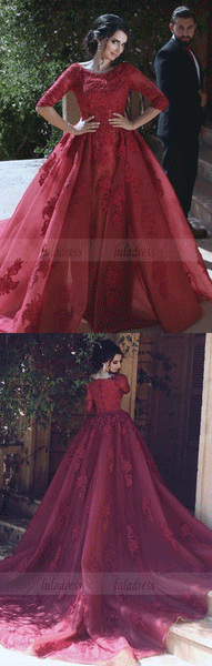 Burgundy Prom Dresses Lace Appliques,Tulle Evening Gowns With Sleeves,Elegant Formal Dress,BD99693