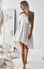 A-Line One-Shoulder High Low White Lace Prom Homecoming Dress with Ruffles