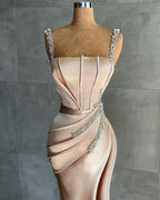 Luxury Sleeveless  Crystal Ruffles Champagne Mermaid Evening Dresses
