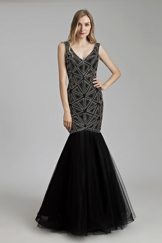Luxury Long Mermaid V-neck Beaded Prom Dress