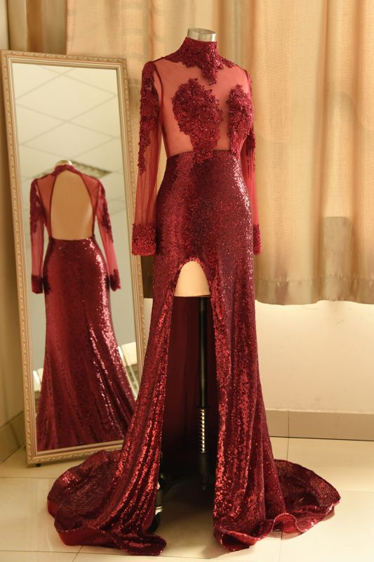 Sexy High-Neck Burgundy Sequined Slit Prom Dress | Long Sleeves Appliques Backless Formal Dress,PD21085