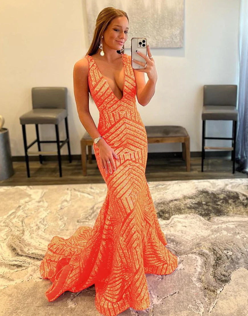 Deep Sequin Mermaid Orange  V-neck Prom Dresses