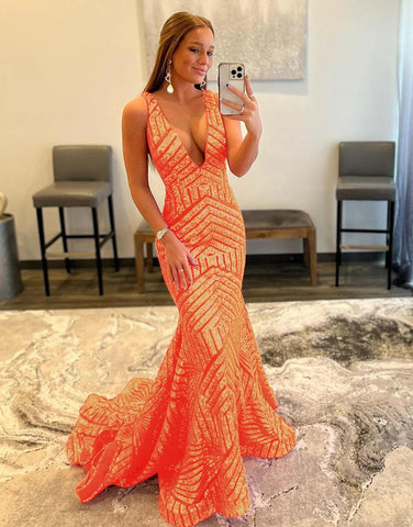 Deep Sequin Mermaid Orange  V-neck Prom Dresses