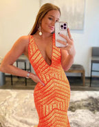 Deep Sequin Mermaid Orange  V-neck Prom Dresses