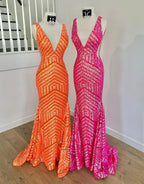Deep Sequin Mermaid Orange  V-neck Prom Dresses