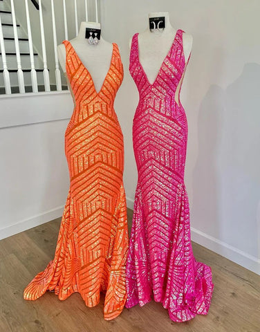 Deep Sequin Mermaid Orange  V-neck Prom Dresses