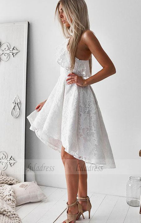 A-Line One-Shoulder High Low White Lace Prom Homecoming Dress with Ruffles