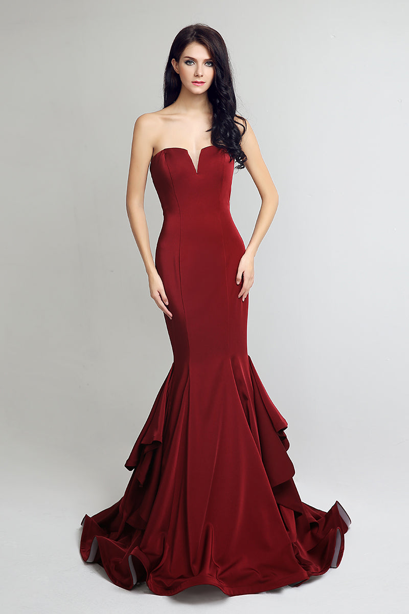 elegant strapless burgundy mermaid formal long Prom Evening Dress, BS20