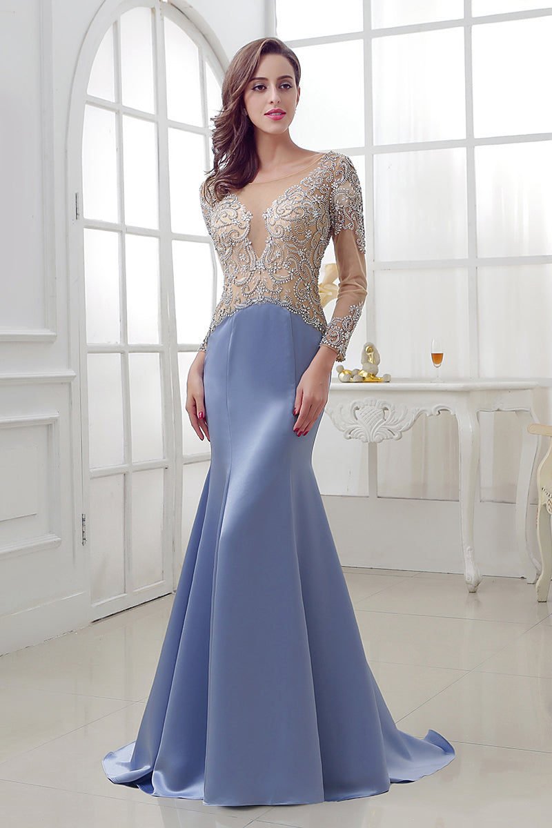 Long Sleeves Mermaid Blue Formal Beaded Long Prom Dress, BS25