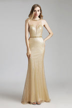 Golden Formal Long Prom Dress Charming White Evening Dress