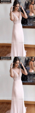 Deep V-Neck Sweep Train Pearl Pink Chiffon Prom Dress with Beading