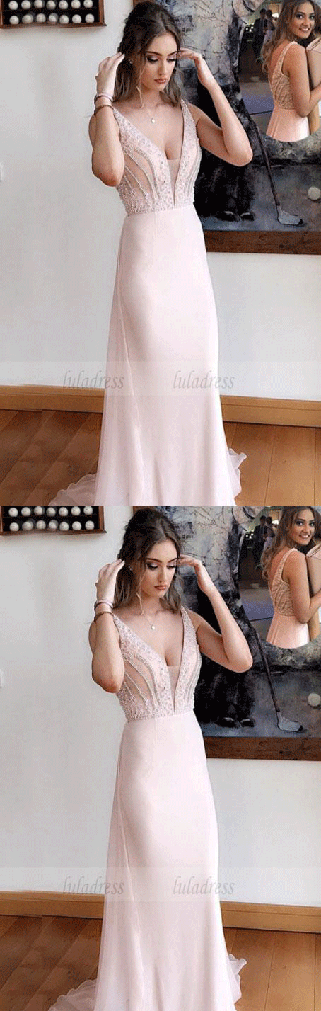 Deep V-Neck Sweep Train Pearl Pink Chiffon Prom Dress with Beading